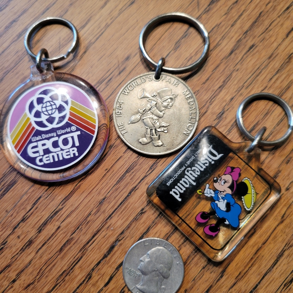 3 Disney Keychains - 1984 World's Fair, Epcot, and Minnie Mouse